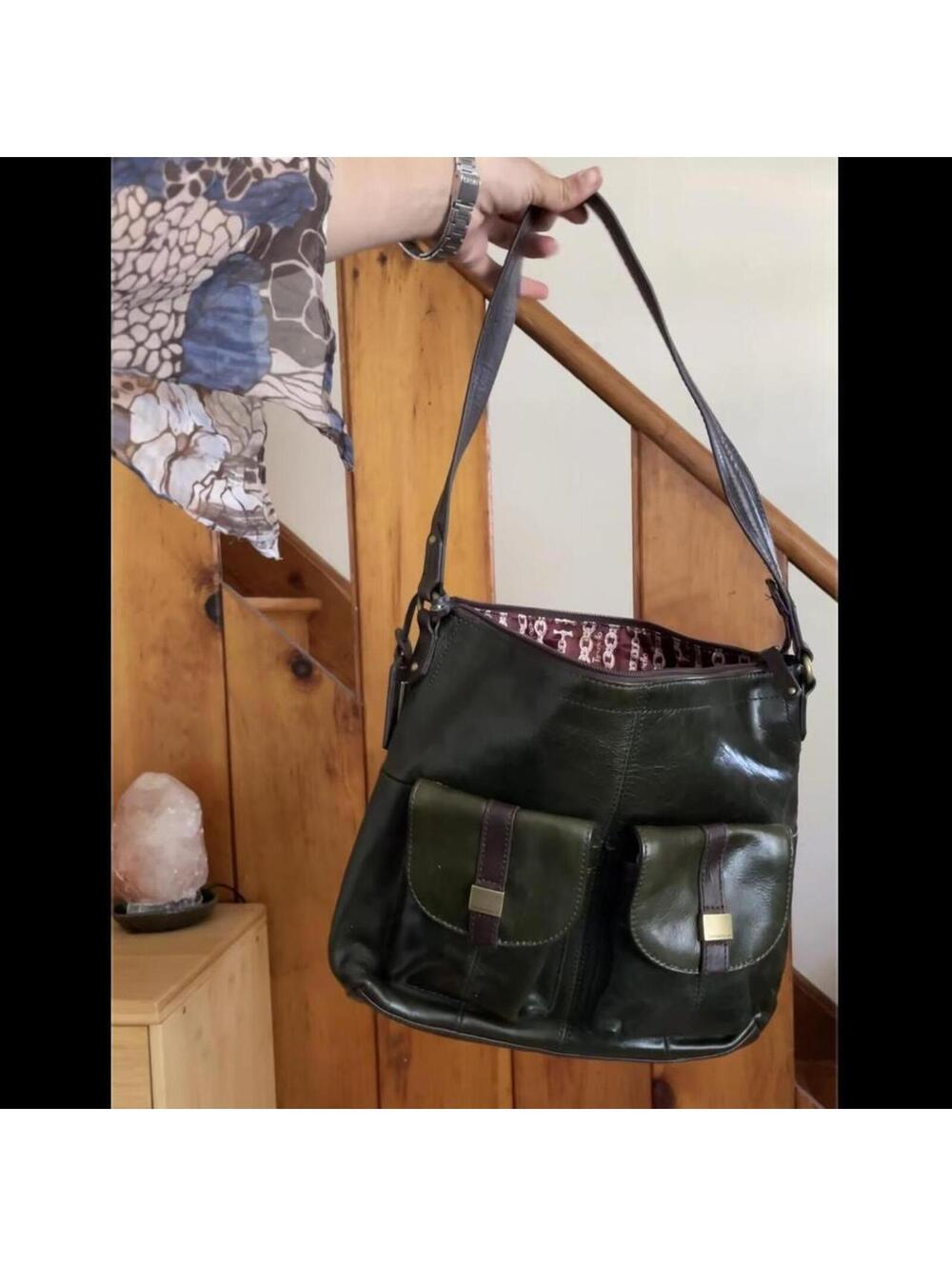 dark olive Green and brown tignanello y2k leather bag